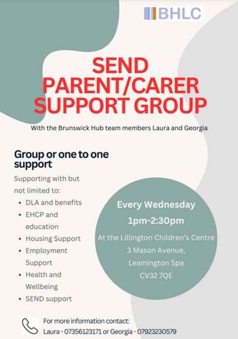 Poster providing information about SEND parent/carer support group running at Lillington Children's Centre.