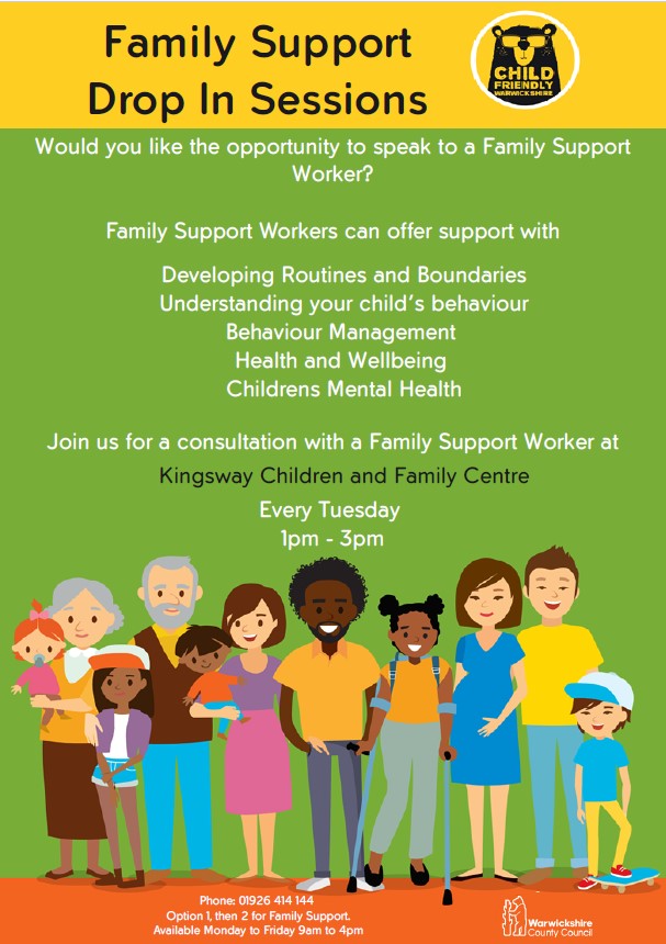 Poster advertising Family Support drop-in sessions.
