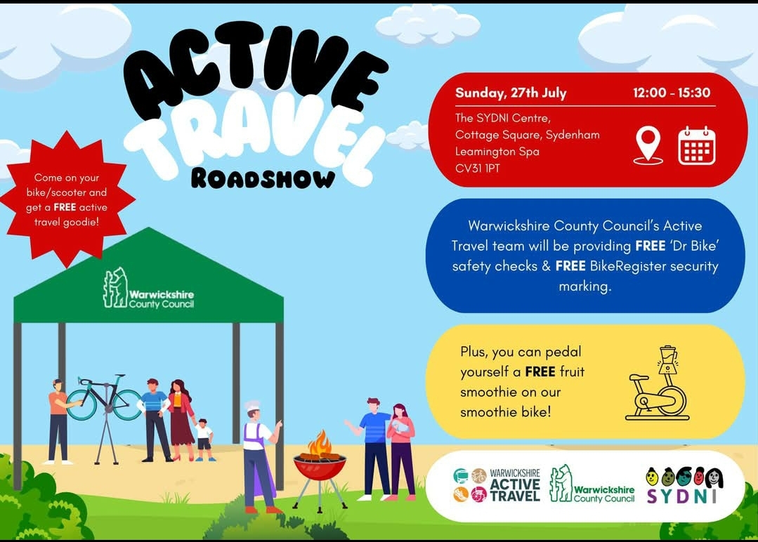 Poster advertising Active Travel Roadshow at Sydni Summer Fair on 27th July.