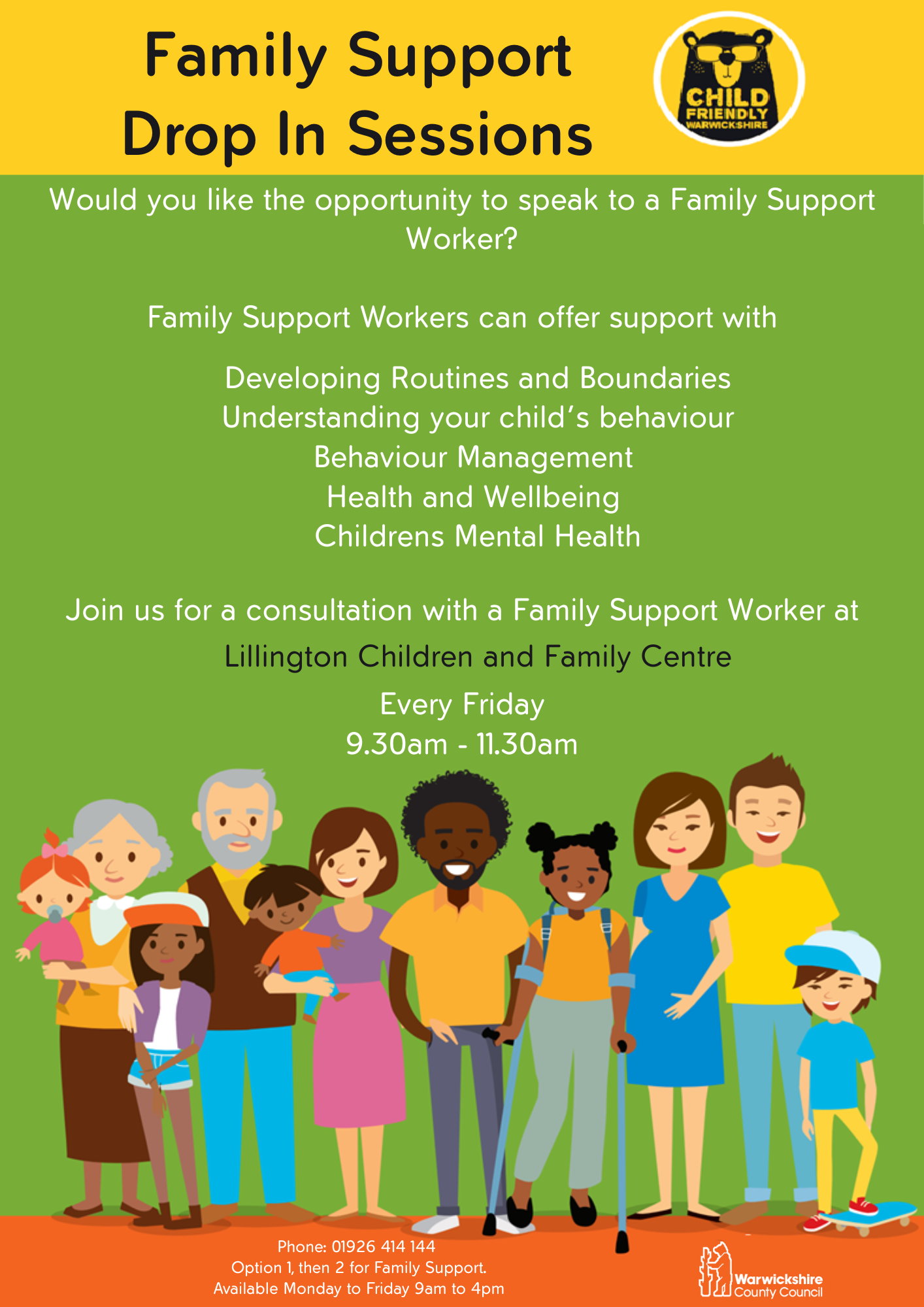 Poster advertising Family Support drop-in sessions.