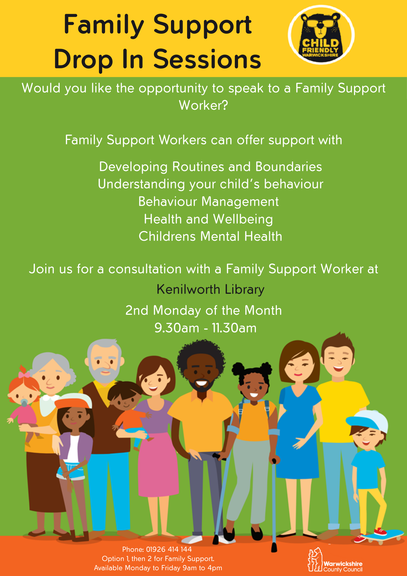 Poster advertising Family Support drop-in sessions.