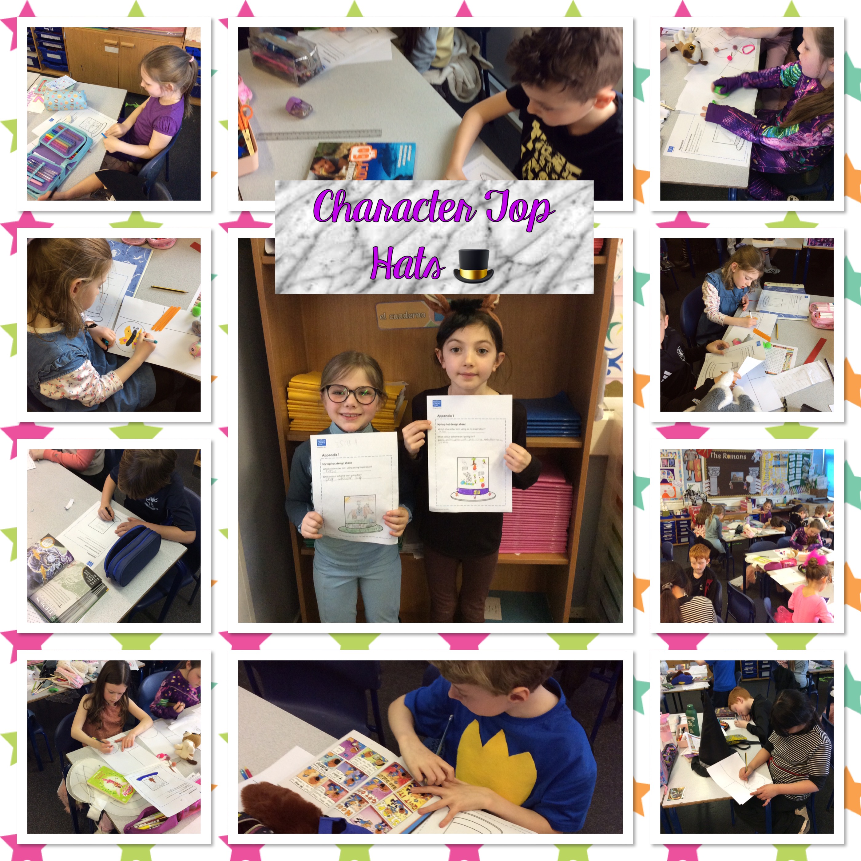 Children engaging with an art activity on World Book Day, designing book character top hats.
