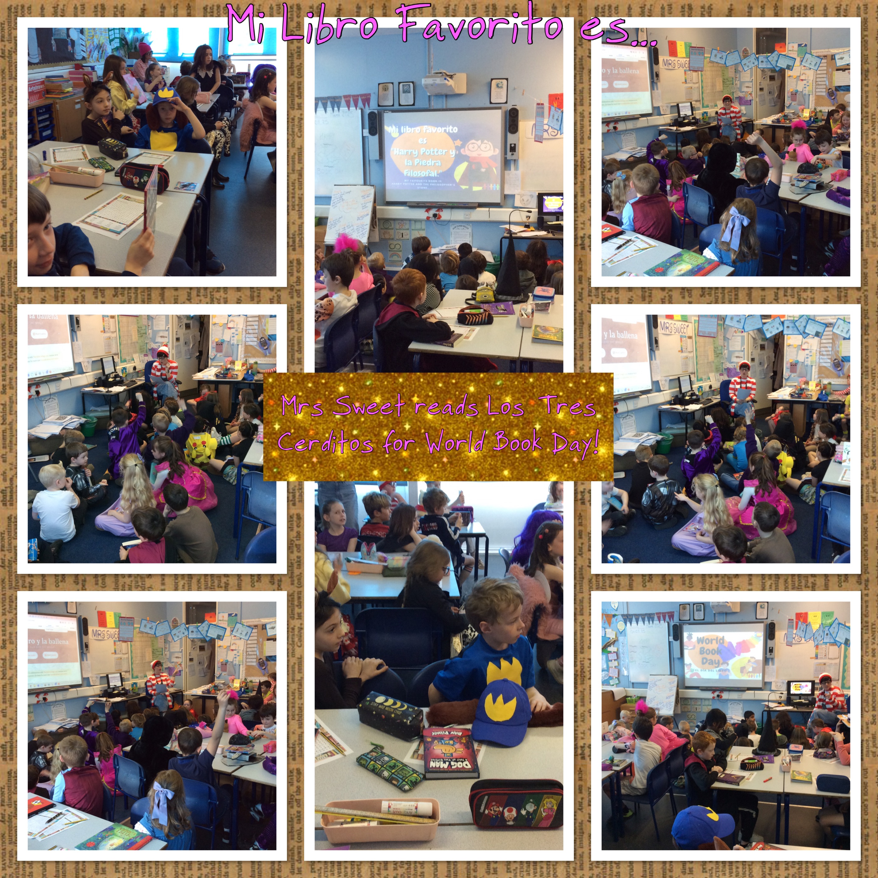 Poster showing the children listening to Mrs Sweet reading Los Tres Cerditos. 