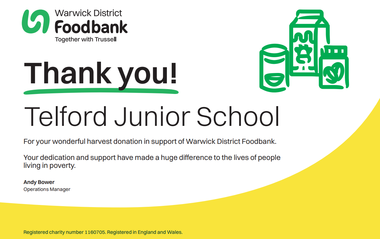 'Thank you' certificate from the Foodbank.