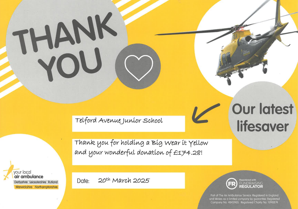 Certificate thanking the children for their donation to the Air Ambulance service.