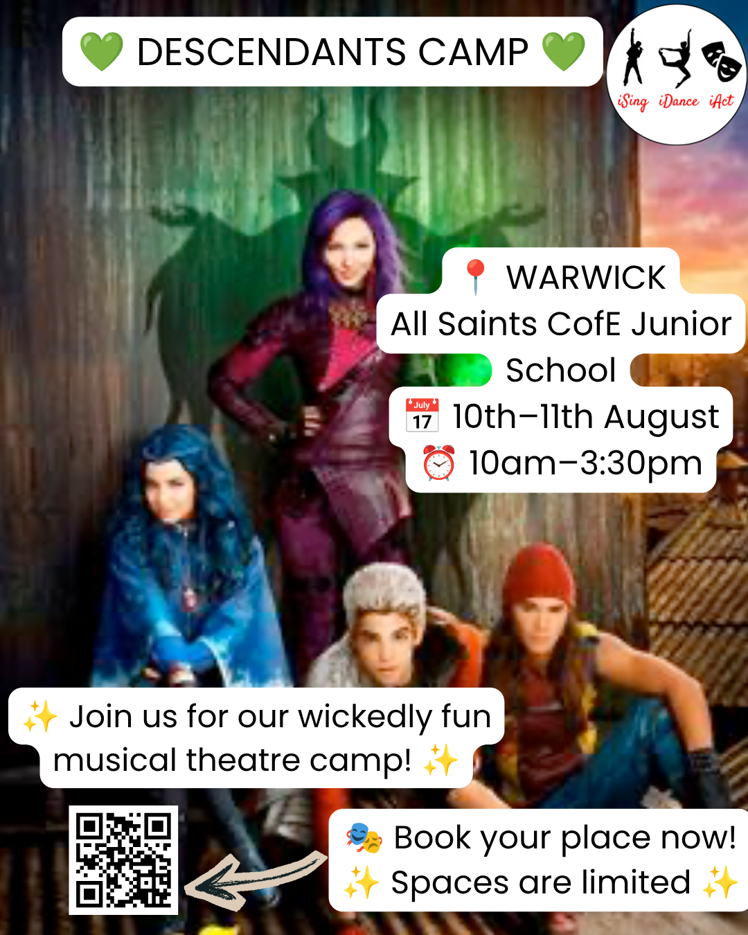 Poster advertising theatre group meeting at All Saints C of E Junior School in Warwick in August.