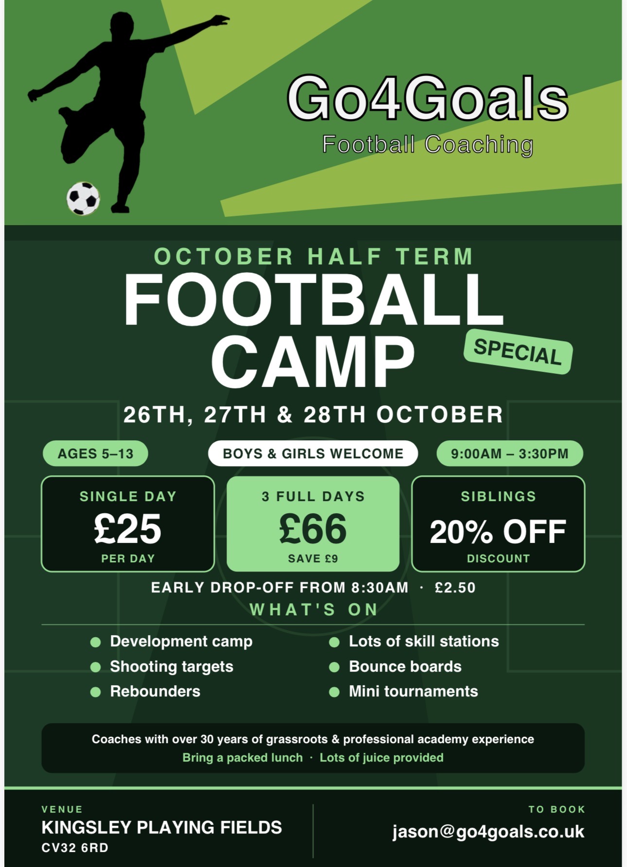 Poster advertising Go For Goals Half-Term Holiday Football Camp.