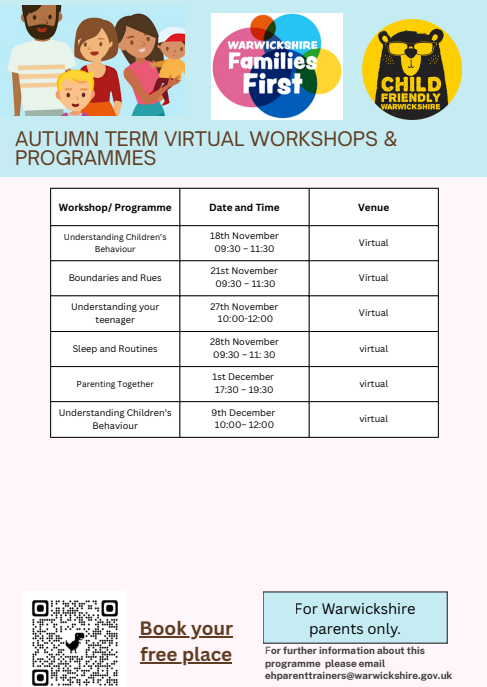 Poster advertising Family First parenting workshops (virtual).
