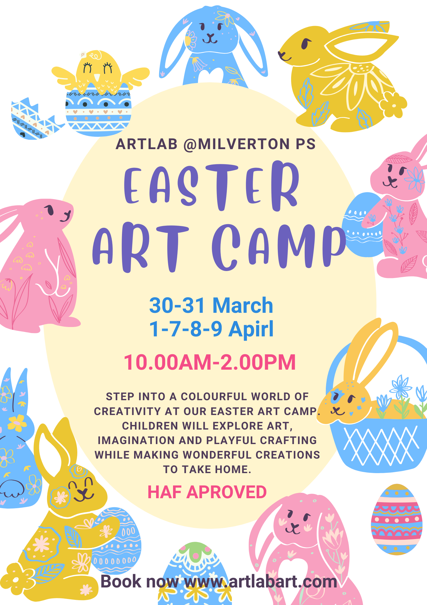Poster advertising Easter Art Camp at Milverton Primary School.