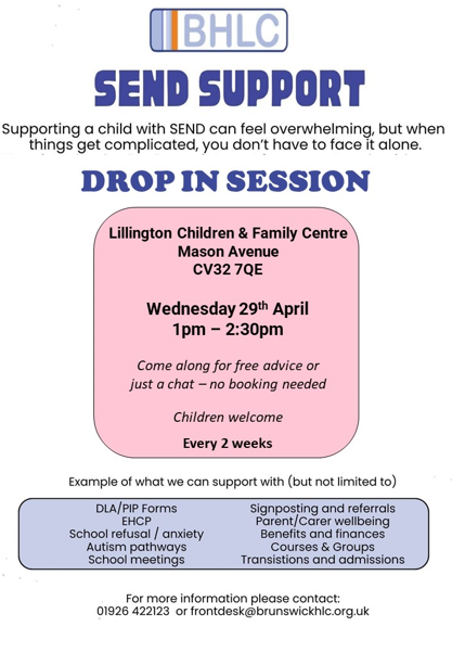 Poster advertising SEND Support drop-in sessions.