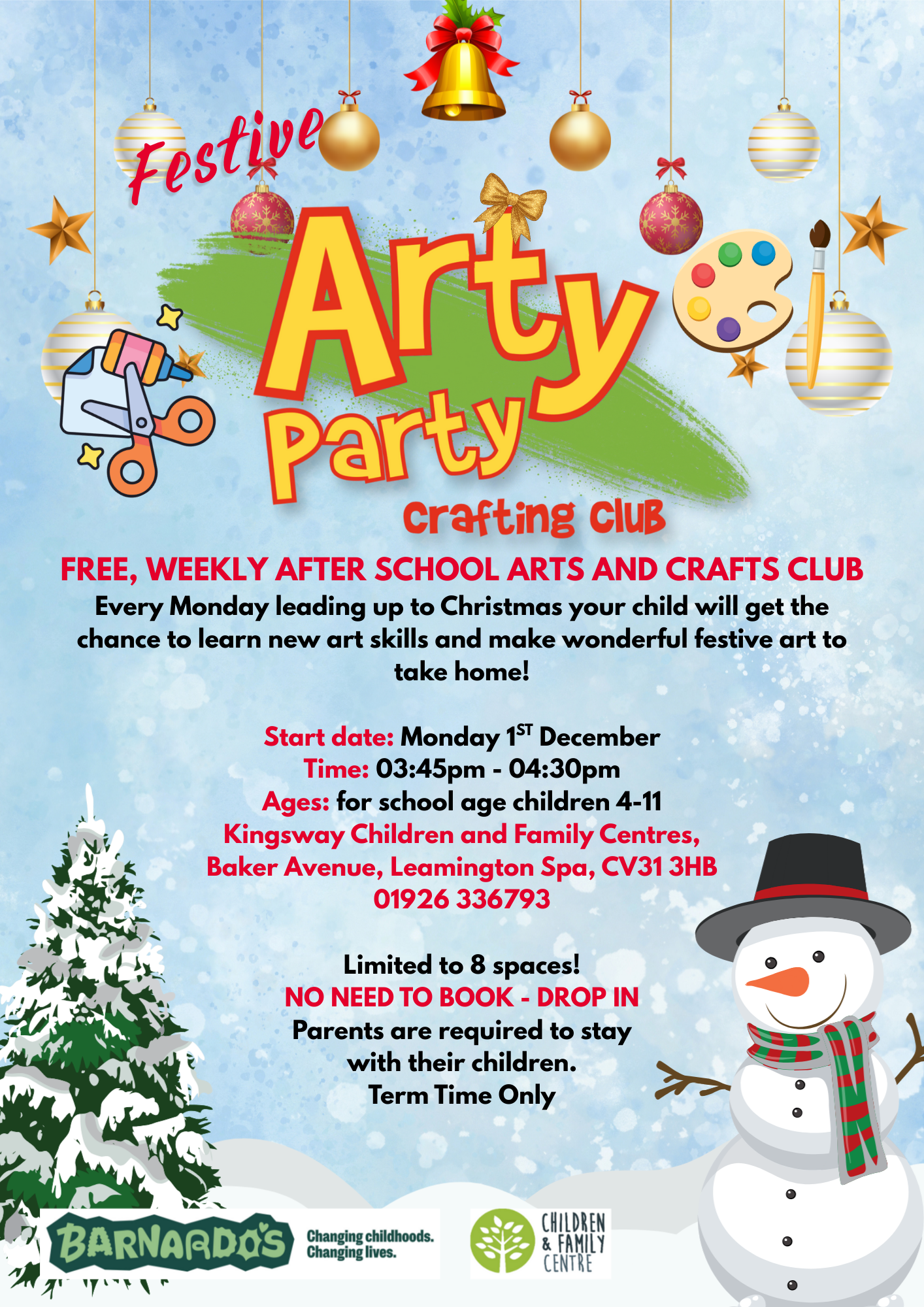 Poster advertising Christmas crafts workshops for children at Kingsway Children and Family Centre.