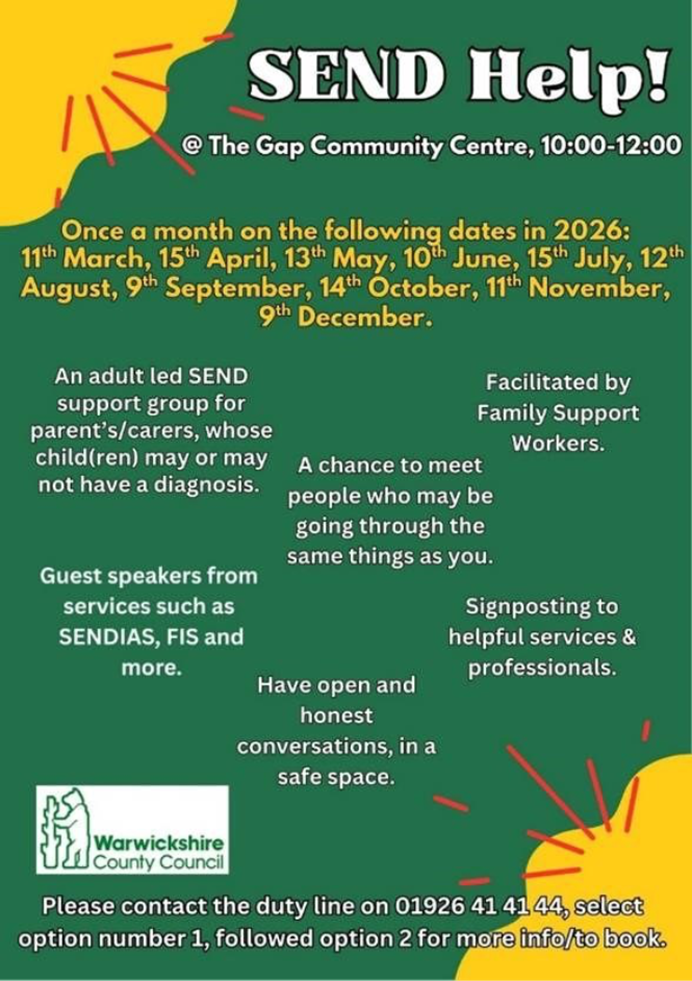 Poster advertising SEND parenting group at the Gap Community Centre.