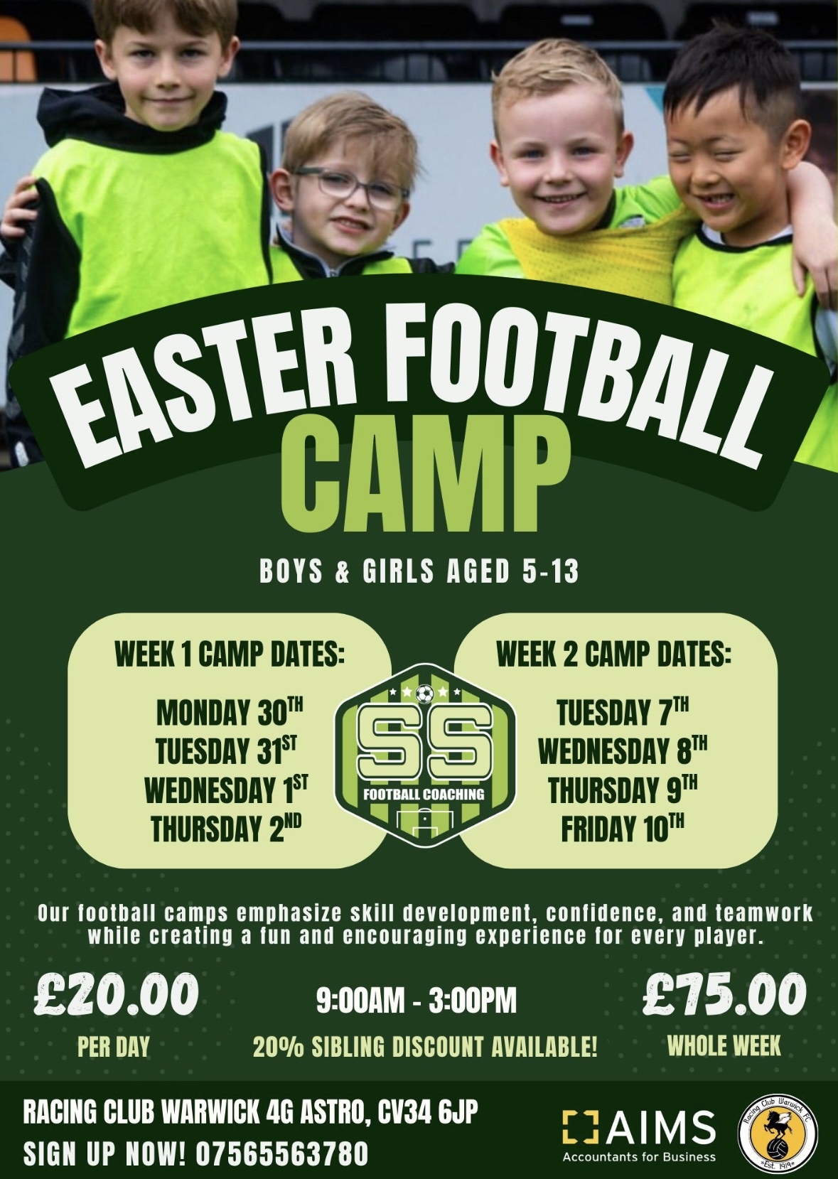 Poster advertising Easter Football Camp at Racing Club Warwick.