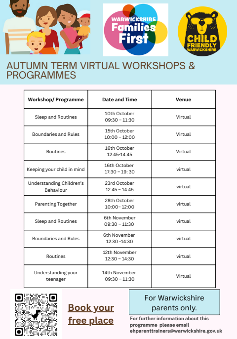 Poster advertising Family First parenting workshops (virtual).
