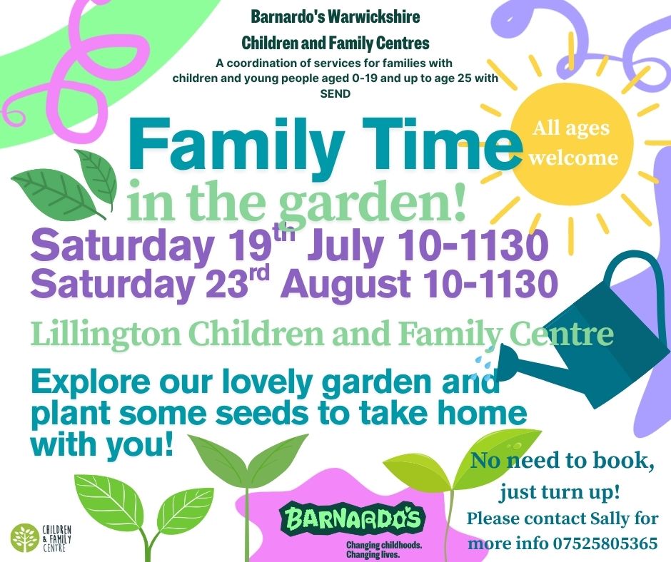 Poster promoting 'Family Time in the Garden' at Lillington Children's Centre.