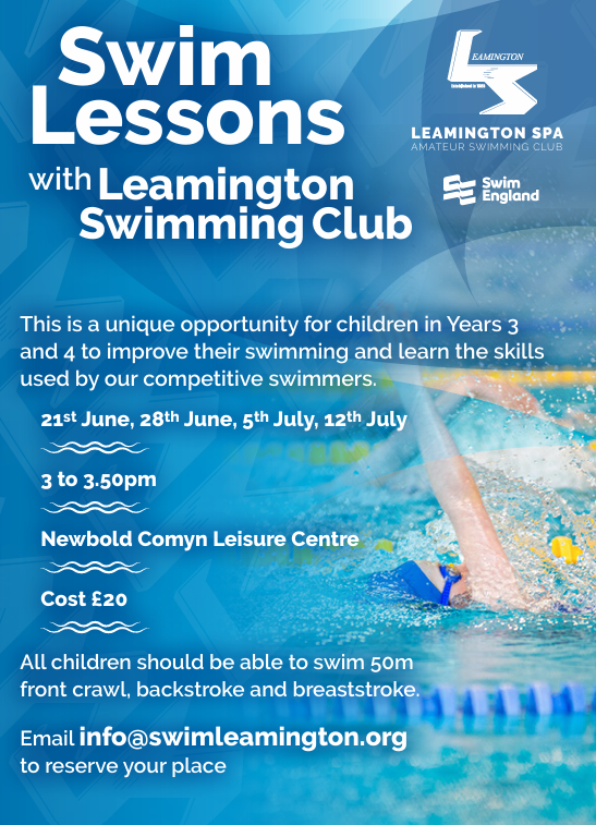 Poster advertising swimming lessons for Y3 and Y4 children at Leamington Swimming Club.