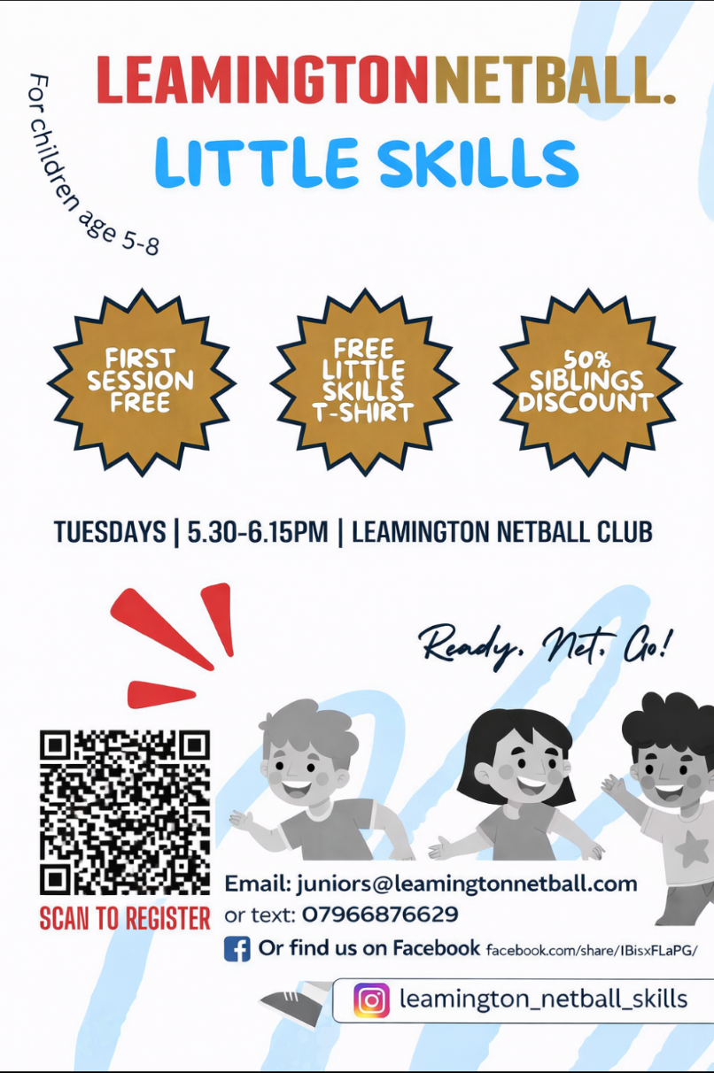Poster advertising Little Skills netball sessions for 5-8 year old children.