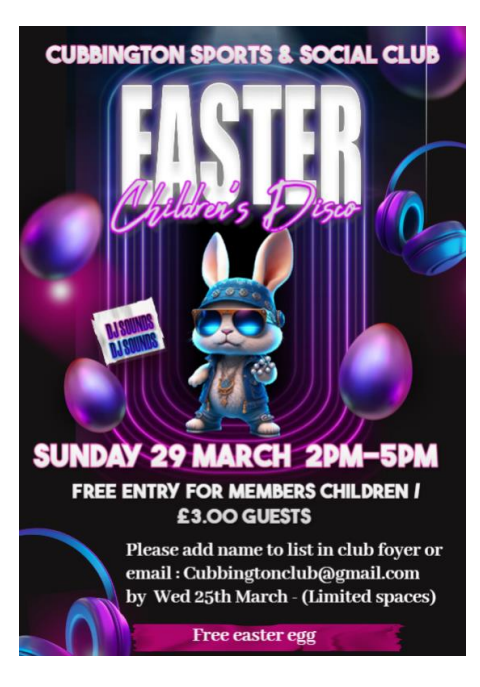 Poster advertising children's Easter disco at Cubbington Sports & Social Club.