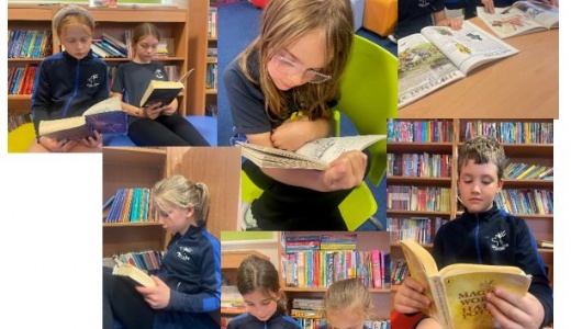 Compilation of photographs of children using the school library.
